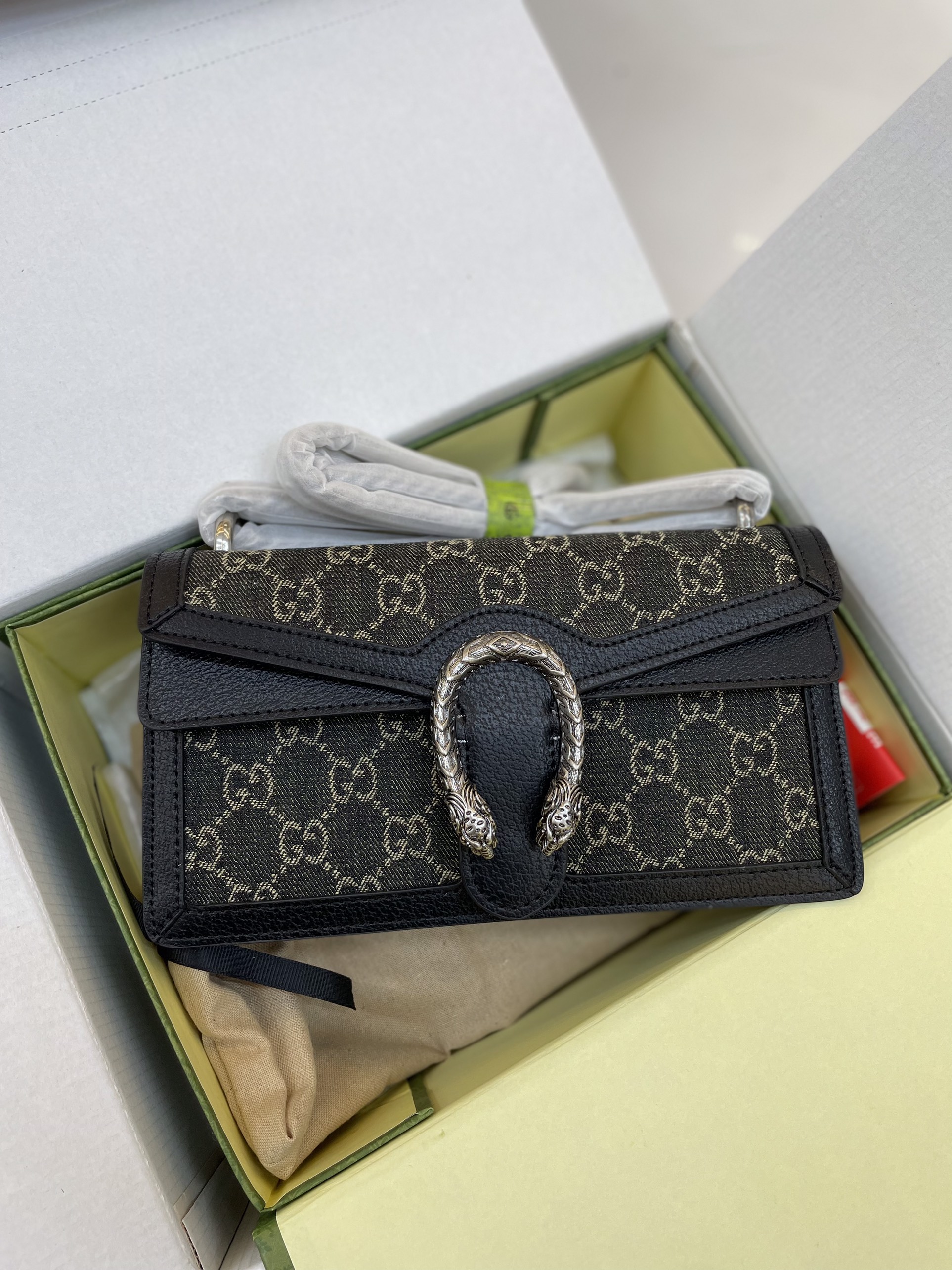 Túi Xách Gucci Dionysus Super Màu Đen Khóa Bạc Size 25cm